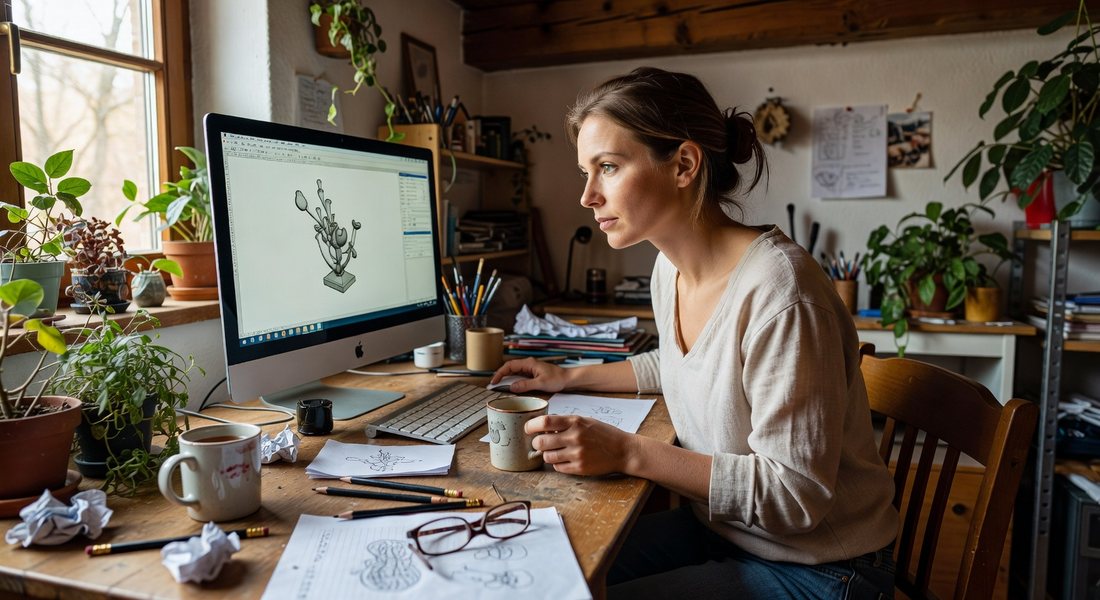 Designerin modelliert ein 3D-Modell am Bildschirm in der Werkstatt