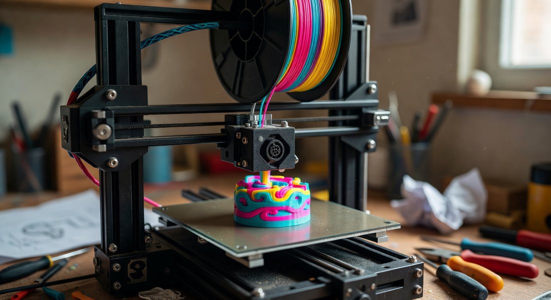 3D-Drucker druckt ein buntes Objekt, Nahaufnahme