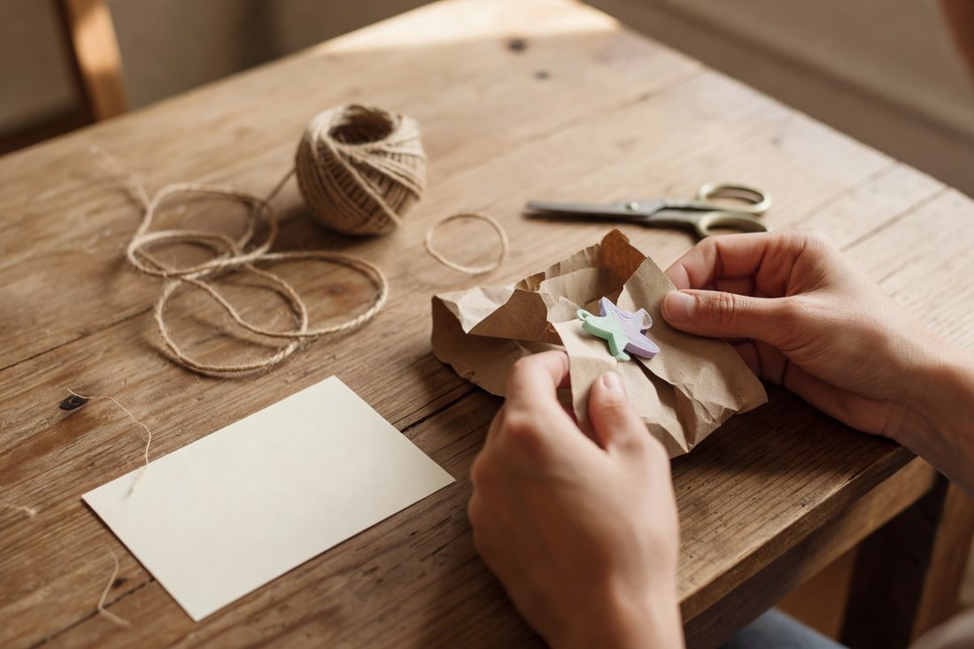 Hände verpacken ein 3D-gedrucktes Stück in Recyclingpapier