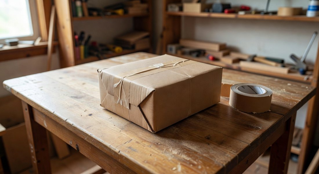 Verpacktes Paket, bereit für den Versand mit DHL